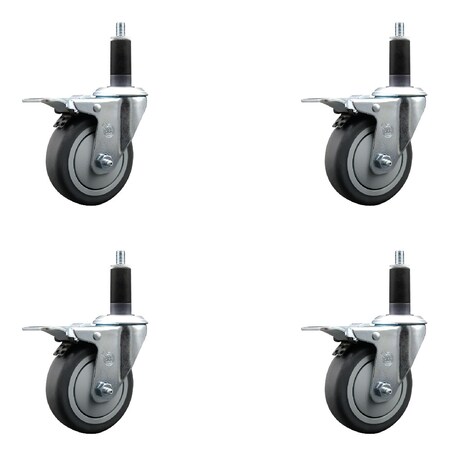 Service Caster 4'' SS Thermoplastic Rubber Swivel 1-1/8'' Expanding Stem Caster Set Total Lock Brake, 4PK SCC-SSEXTTL20S414-TPRB-118-4